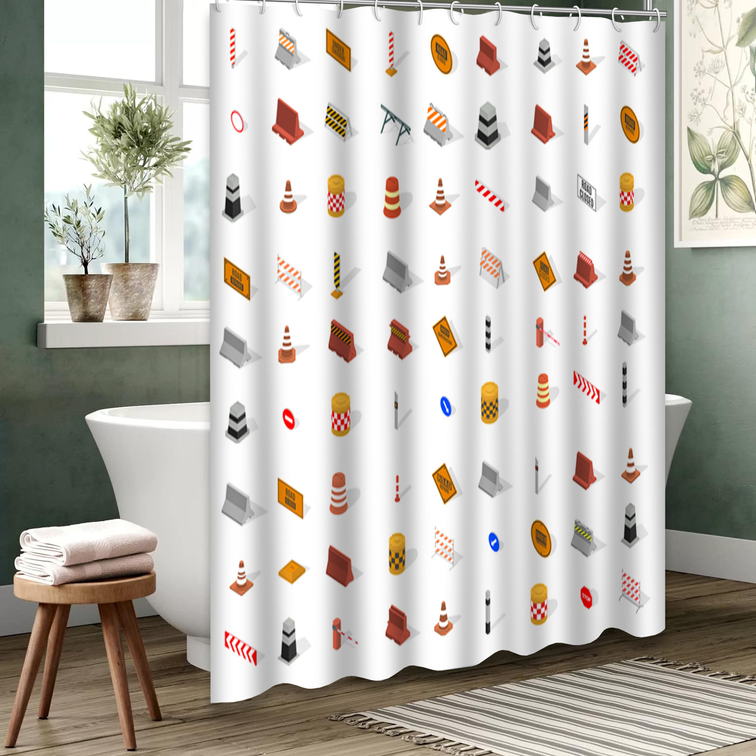 East Urban Home Construction Waterproof Shower Curtain,Big Signs Road ...