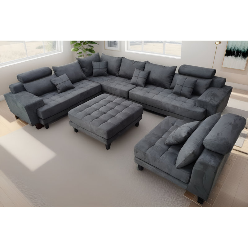 Mandey Upholstered Sectional Reversible, Dark Gray Microfiber/Microsuede