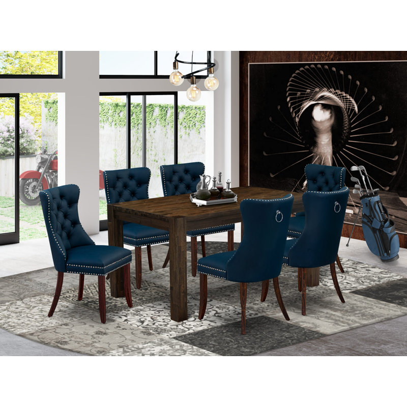 7 Piece Modern Dining Table Set Consists of a Rectangle Rustic Wood Table and 6 Polyester Fabric Upholstered Chairs, 36x60 Inch, Distressed Jacobean