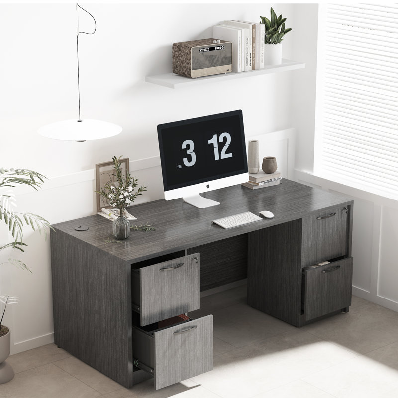 Niosha 66.93" Executive Desk With Mobile File Cabinets, Gray