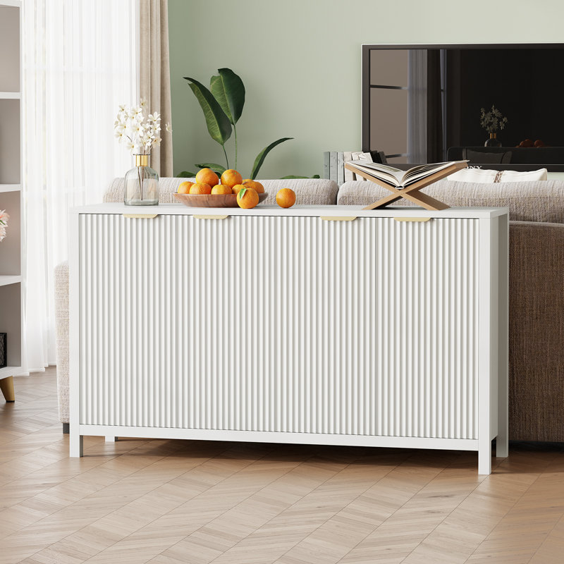 Modern Fluted Sideboard Buffet Cabinet, 4-Door Kitchen Storage Cabinet with Adjustable Shelves, Narrow Accent Cabinet with Storage, Farmhouse Console Table for Living Room, Entryway, White