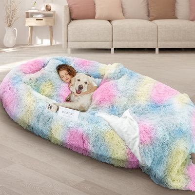 Grand lit pour chien de 71 po avec oreiller moelleux, couverture, arc-en-ciel