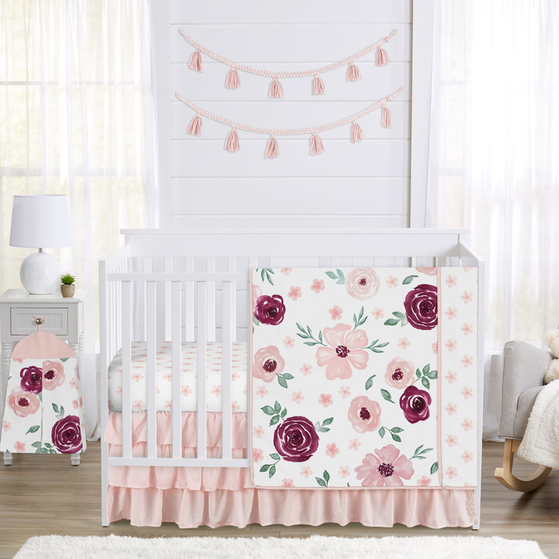 Watercolor Floral Burgundy Wine And Pink 4 Piece Crib Bedding Set By Sweet Jojo Designs