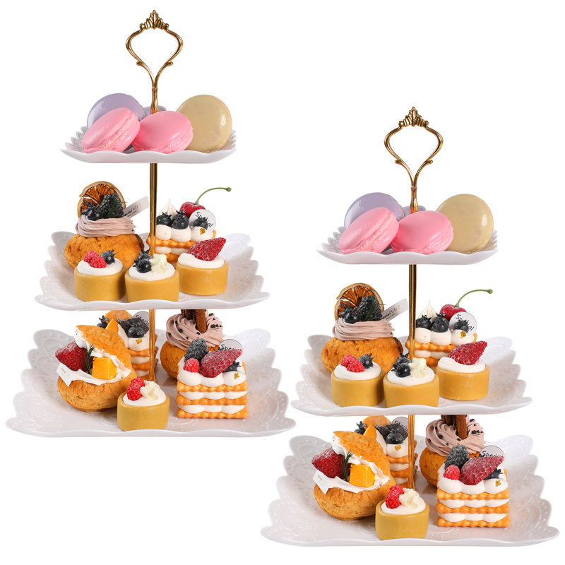 2Pcs 3 Tier Plastic Cake Display Stand Dessert Serving Tray Stand Square