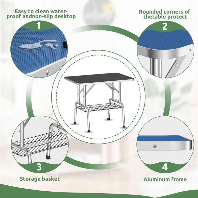 Table de toilettage pliable pour chien de 46 pouces avec accoudoirs réglables, corde antidérapante et plateau de rangement en filet