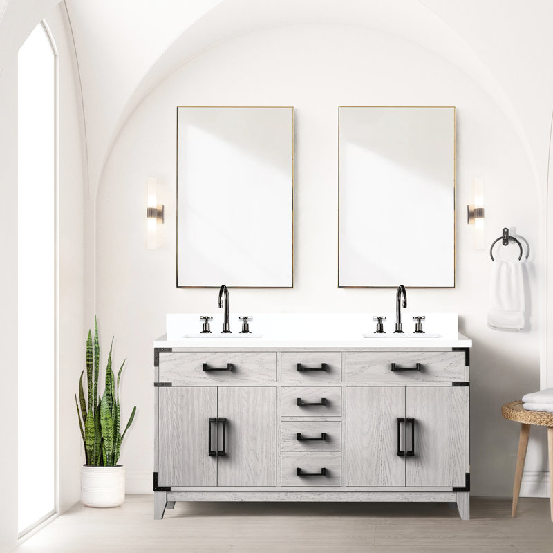 Meuble-lavabo double en chêne blanc 60 po x 22 po - comptoir en quartz, miroirs de 28 po, fermeture en douceur et espace de rangement ouvert à profusion