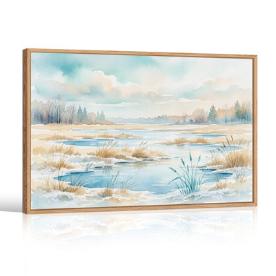 Paysage de rivière d'hiver en aquarelle sur toile