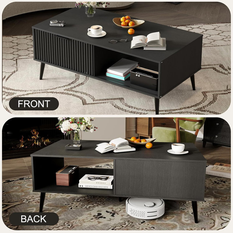 2-Tiers Coffee Table, 41.34''L Farmhouse Coffee Tables With Storage And Sliding Wave Pattern Door, Brown