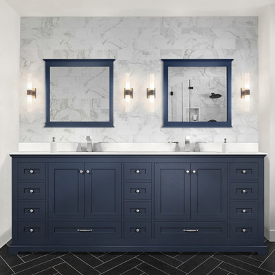 Navy Blue Double Bath Vanity 84 In. W X 22 In. D, Cultured Marble Top, And Faucet Set
