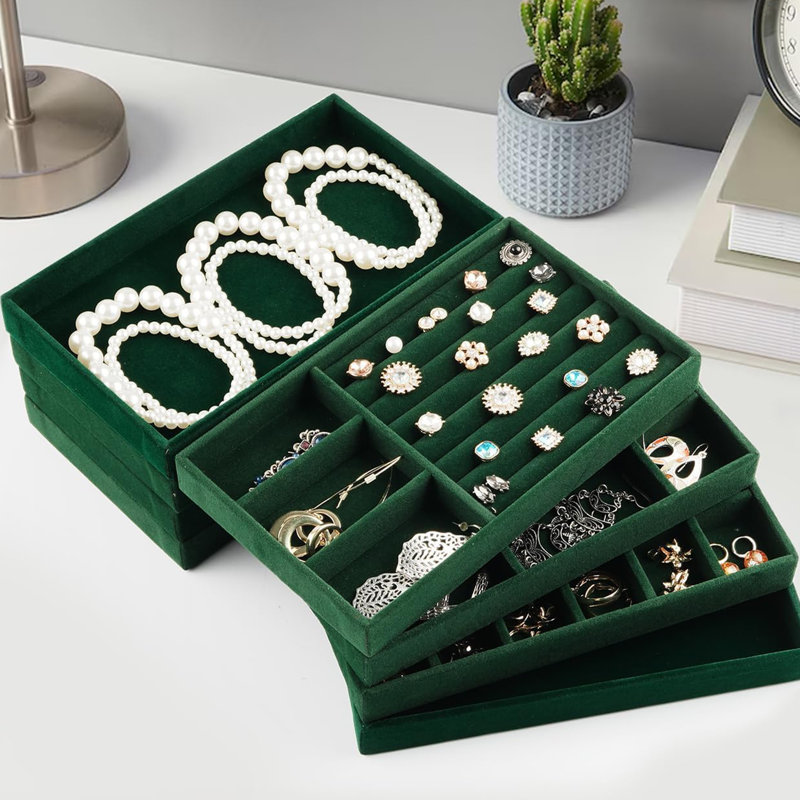 Jewellery Drawer Organizer, 16 Set of Stackable Velvet Organizer Tray