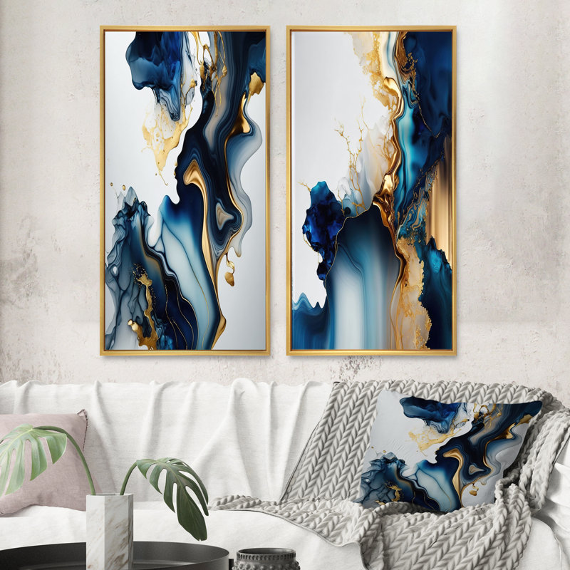 «Abstract Geode Marble Blue I», 2 pièces, Encadrement doré, H 32 po x l 32 po