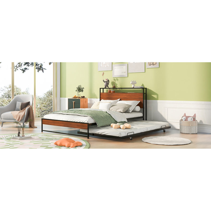 Full Size Metal Platform Bed Having Trundle, Ports, And Slat Support. Black. Strong No Box Spring Required For Bedroom Furniture Style Decoration Design Robust Space