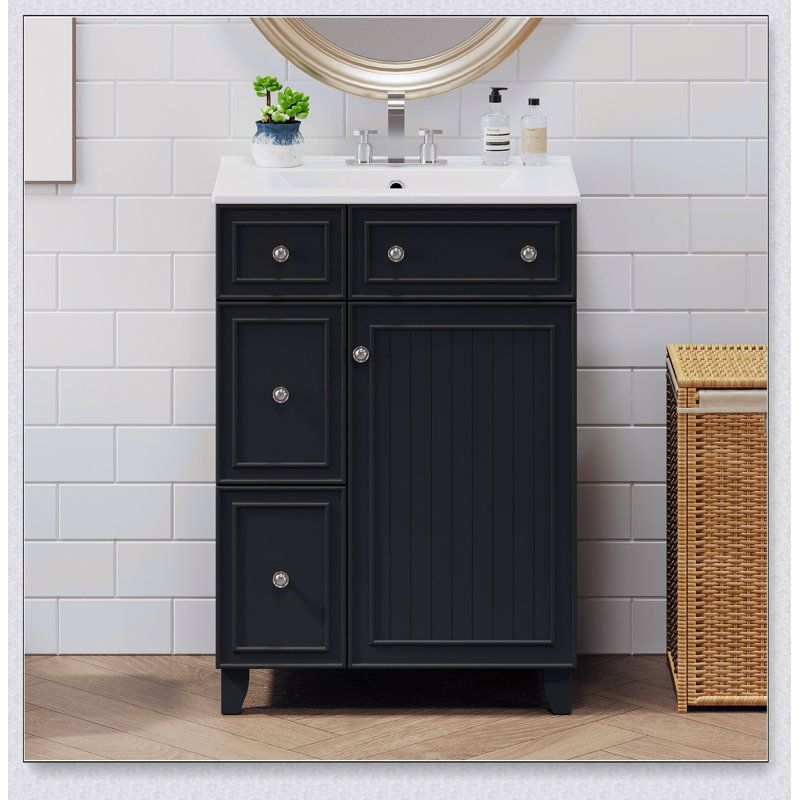 Meuble-lavabo de salle de bain avec lavabo en céramique et 2 tiroirs, Noir, 18"