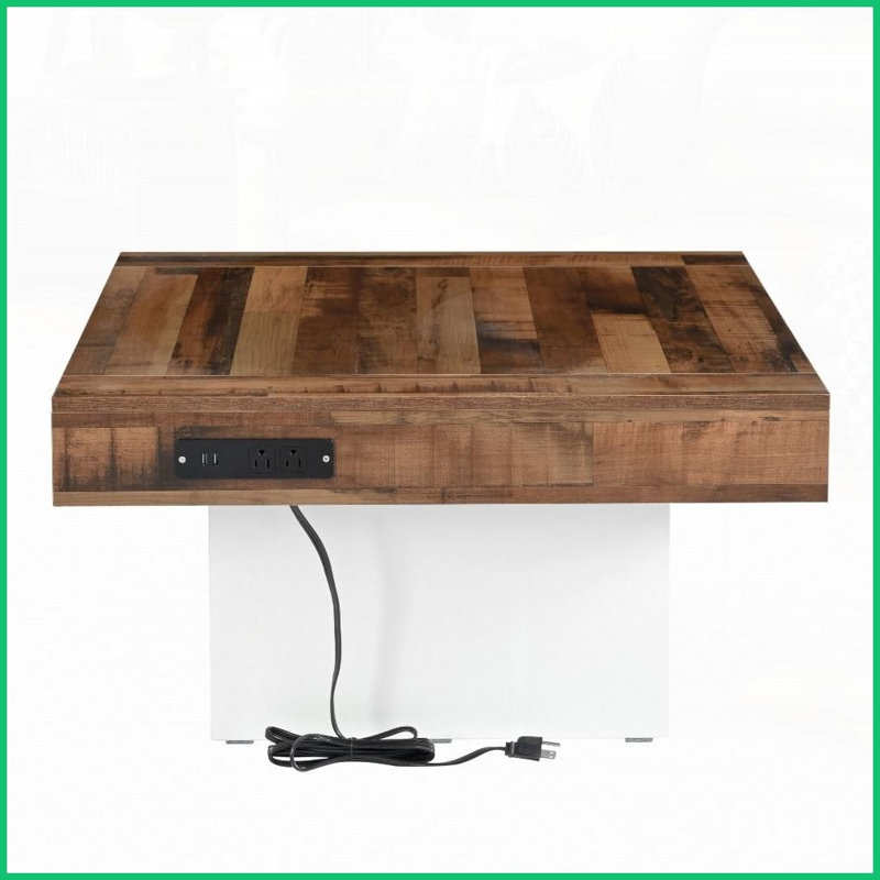 Table basse brune à grain de bois épissé pour le salon avec 2 prises USB / CA, lumière DEL contrôlée par l'application et amp; Pieds antidérapants