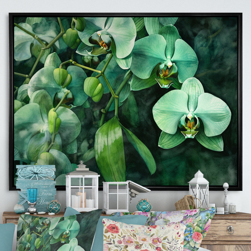 «Fantasy Green Orchid Dreamscapes I» sur toile, Cadre flottant noir, 34" H x 44" W
