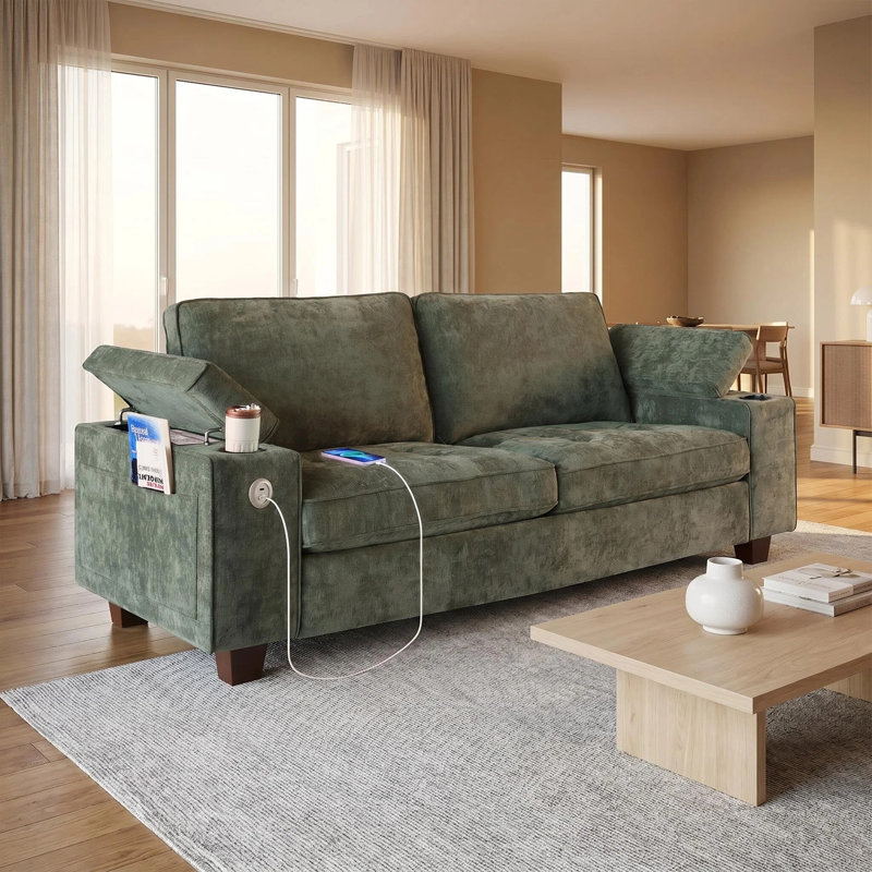 Canapé moderne Aastha en velours côtelé avec accoudoirs de rangement réglables, ports USB/de type C intégrés et porte-gobelets pour le salon