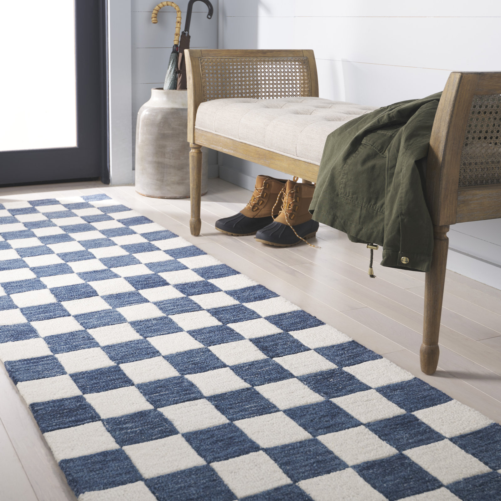 Freemont Blue Ivory Hand-Tufted Checkered Rug, Runner 2'3" x 8'