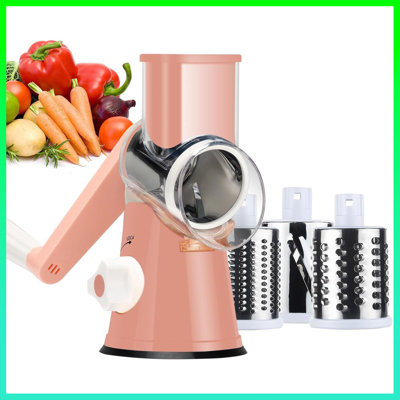 3-In-1 Rotary Cheese Grater – Hand Crank Kitchen Shredder For Cheese, Veggies, Nuts & More! Fast, Easy & Fun – Includes 5 Blades For Slicing, Shredding & Grating， Pink