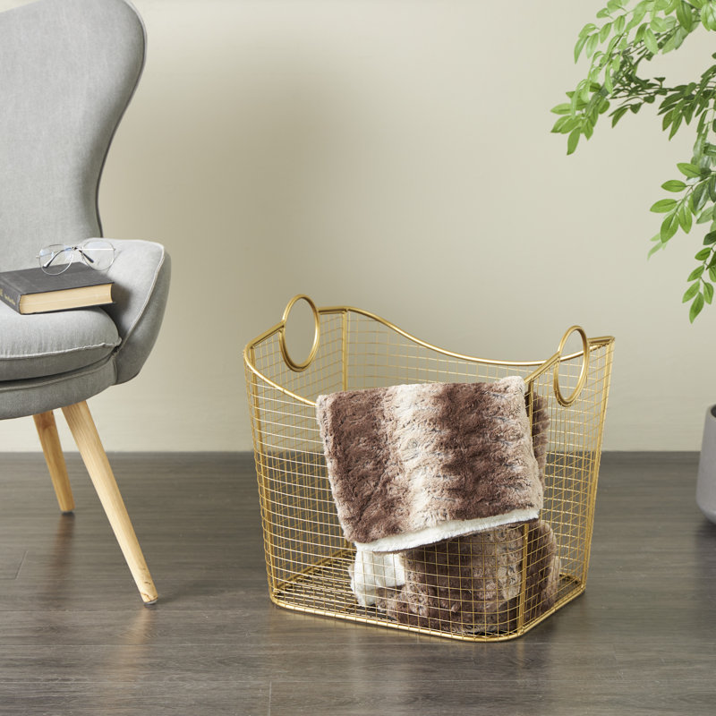 Metal Storage Basket with Ring Handles, Gold