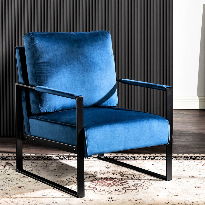 Fauteuil de bureau moderne en velours bleu, structure métallique robuste, idéal pour le salon, la chambre à coucher ou la maison.