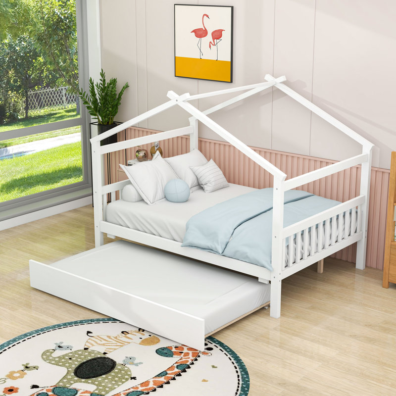 Lit en bois en forme de maison avec lit gigogne escamotable et tête de lit, Double, Blanc