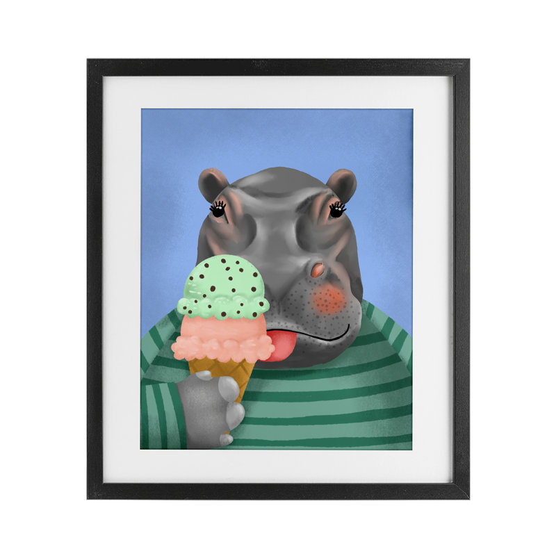 Hippo and Ice Cream Cone, reproduction encadrée sous verre, conception de Jilly Jack Designs, Cadre noir minuit