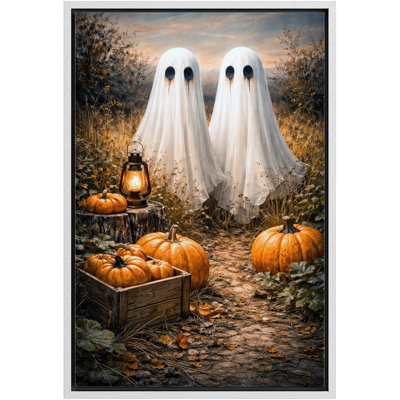 Halloween fantômes avec citrouilles, art d'automne rustique, photos de salon, impression sur toile encadrée