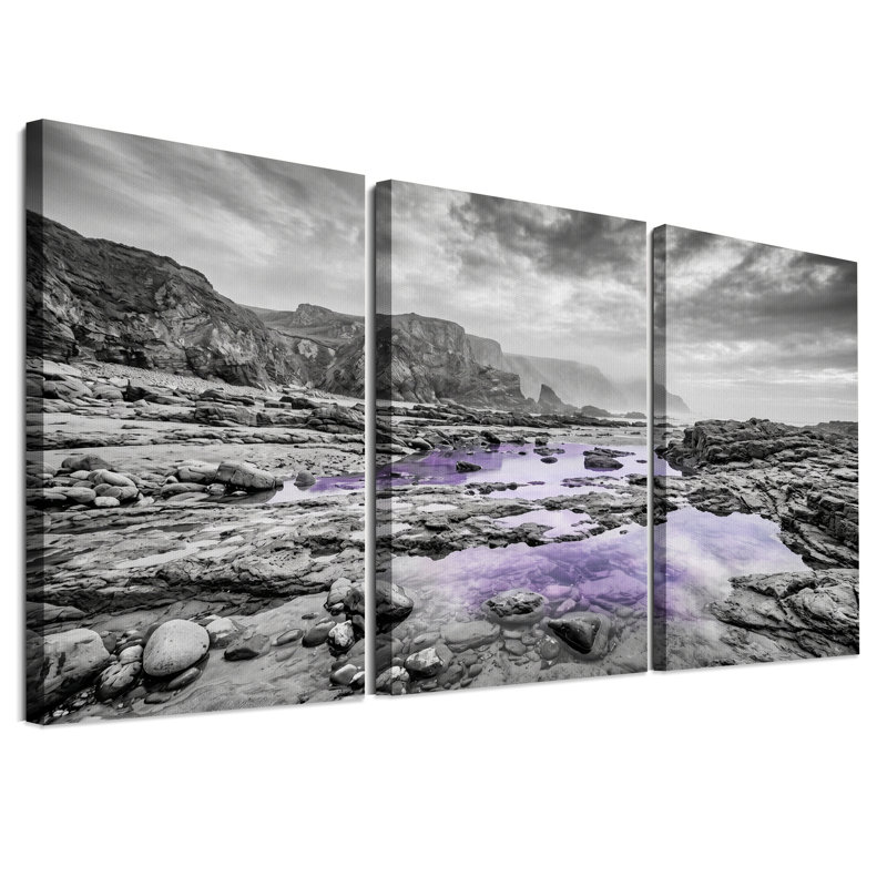 Ensemble de 3 toiles noires et blanches à côtes rocheuses avec piscines à marée mauve, H 24 po x l 16 po x 3 pièces