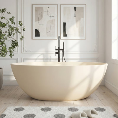 59" Premium Solid Surface Freestanding Bathtub, Modern Stone Resin Soaking Tub With Pop-Up Drain & Overflow - Bisque
