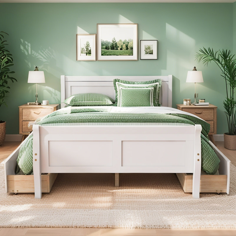 Lit plateforme en bois Alizia, 4 tiroirs, tête et pied de lit profilés, blanc , Double