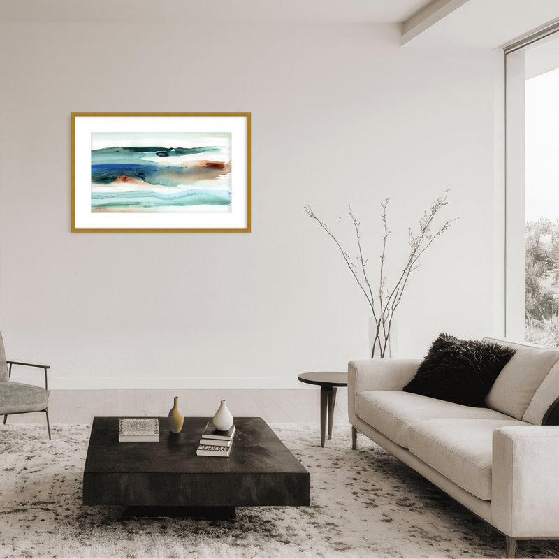 Coastal Retreat Beach Waves Abstract, 36" H x 48" W x 1.125" D, Beige, Framed Matted Print