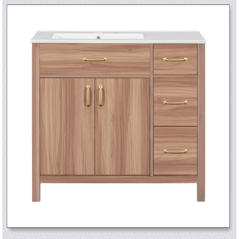 Meuble-lavabo de 36 po en bois avec cadre en bois massif, 2 portes à fermeture douce, 3 tiroirs à fermeture douce, tablette réglable, armoire de rangement moderne pour petites salles de bain