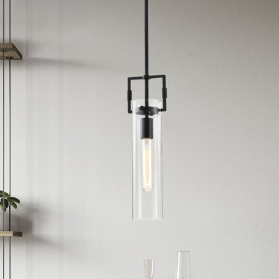 Mini-luminaire suspendu 1 lumière noir mat avec abat-jour cylindrique en verre transparent
