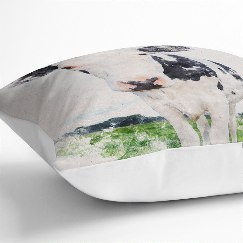 Black And White Cow Watercolour Square Throw Cushion, White, 55cm H x 55cm W x 20cm D