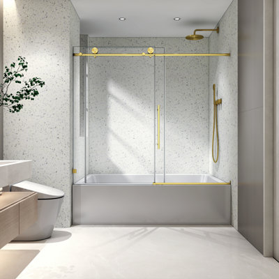 6063 or brossé sans cadre une porte de douche fixe et une décalée, 70 mm de grandes poulies en acier inoxydable de 304 mm avec fonction de fermeture en douceur réglable, avec nettoyage facile, poignée anti-déflagrante