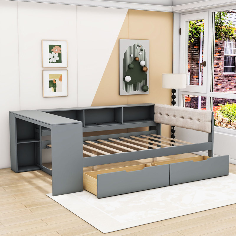 Lit de jour en bois avec 2 tiroirs et tablettes et station de charge, Complet/Double, Gris