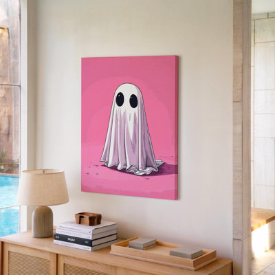 Minimaliste rose fantôme mignon moderne d'Halloween sur toile, prêt à être accroché à la galerie, décoration moderne de qualité supérieure