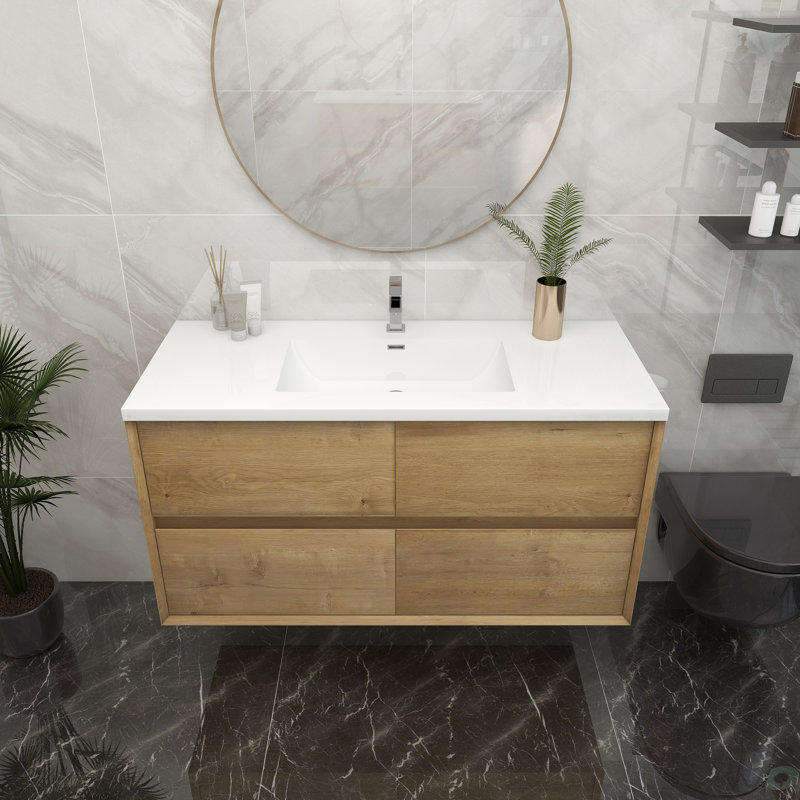 Meuble-lavabo mural simple 48 po, Teck chêne