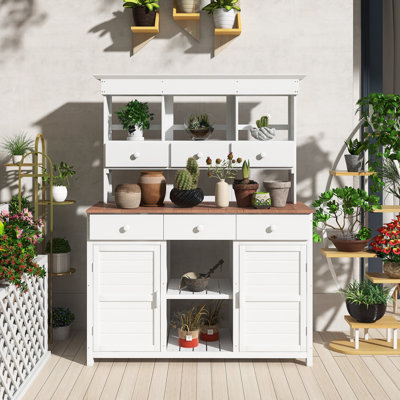 Banc de jardinage en bois de sapin de 65,7 po de hauteur, poste de travail avec 3 tablettes, 6 tiroirs, 2 armoires inférieures et 3 crochets latéraux pour le vestibule