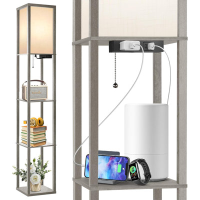 Led Floor Lamp With Shelves, Usb Charging Ports, Ac Outlet, 3 Color Temperatures, Wood Design For Living Room, Bedroom, Office