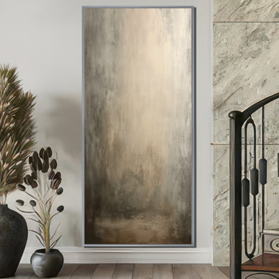 «Hazy Summer Landscape In Beige By The Lake - Minimalisme, reproduction sur toile encadrée, art mural brun minimaliste