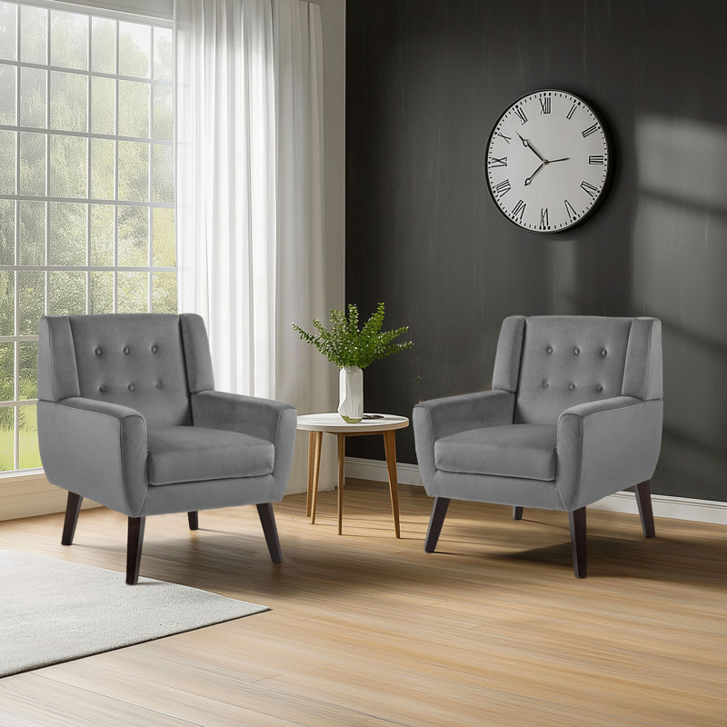 Stephanny 27.5" Wide Tufted Armchair with Solid Wood Legs, Gray Velvet