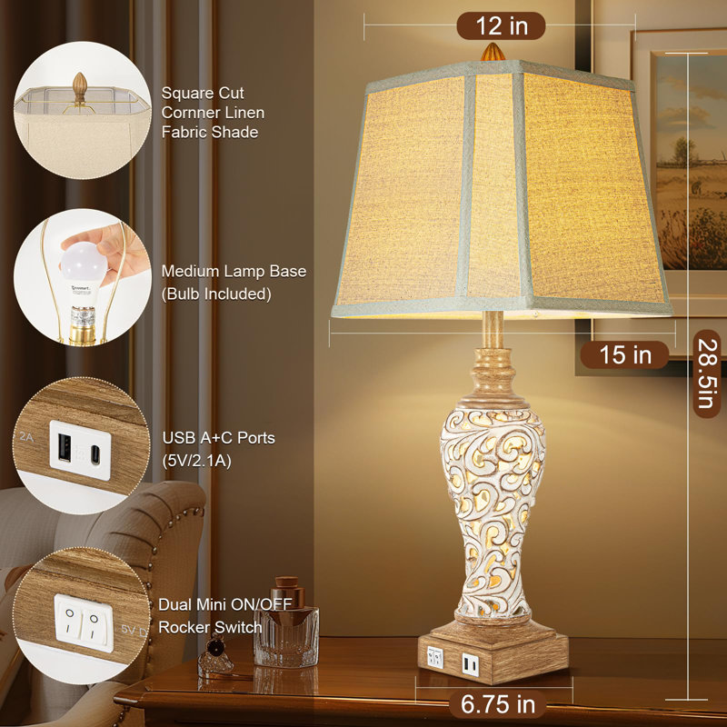 28.5" Beige and White Ceramic Table Lamp Set with Linen Shades