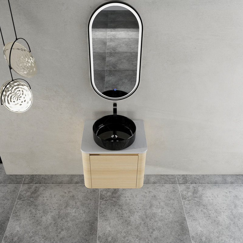 Meuble-lavabo mural 24 po avec lavabo d'art en céramique et porte à fermeture en douceur 24 po, Chêne