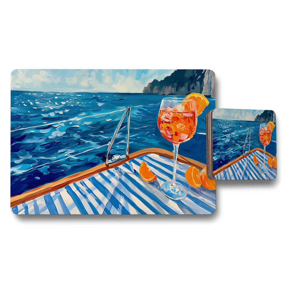 Ocean View Placemat And Coaster Set With Cocktail Glass On Deck