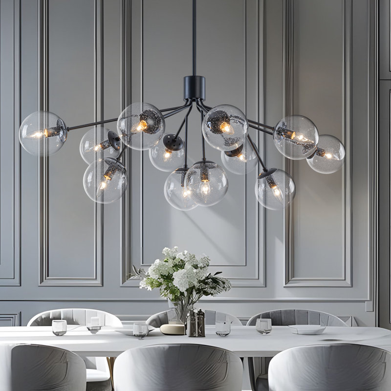Lustre spoutnik 12 lumières noir moderne avec globes en verre bullé, Noir mat