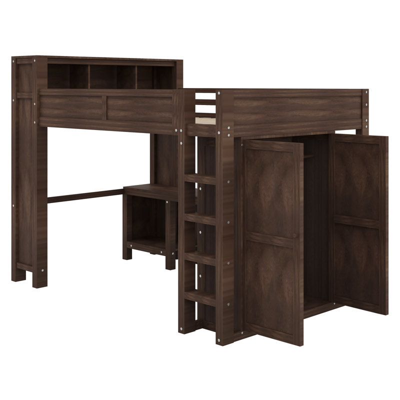 Lit mezzanine avec garde-robe intégrée, bureau et tête de lit avec rangement, solution complète pour économiser de l'espace