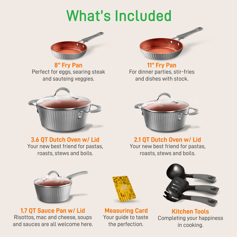 NutriChef 11-Piece Gray Aluminum Nonstick Cookware Set