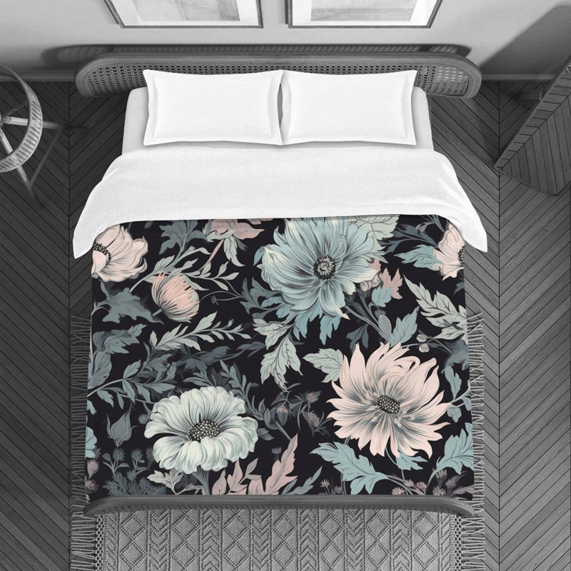 Artistic Flower Black/Gray Microfiber Duvet Cover, Twin Duvet Cover