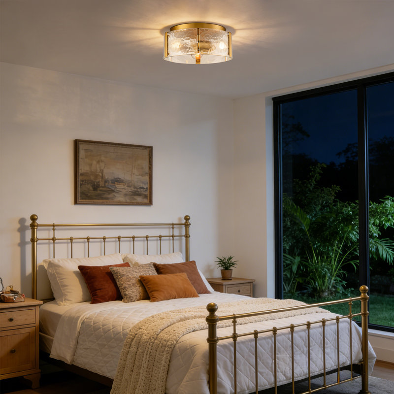 Modern Gold Ceiling Light 3-Light Flush Mount Fixture with Textured Glass Drum Shade, Gold